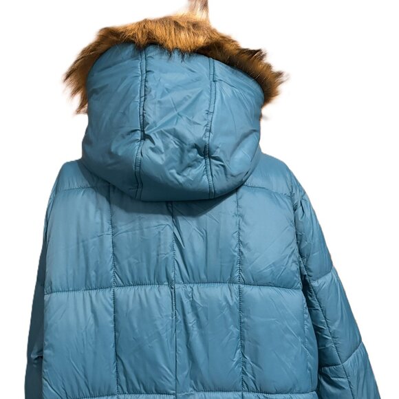 Womens Winter Coat with Fur Trim Hood-Teal with Brown Faux Fur, sz 3X - Picture 7 of 13